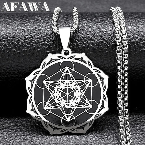 Géométrie sacrée Metatron Cube ange sceau archange collier pour femmes hommes acier inoxydable fleur de vie Lotus bijoux N7961S02