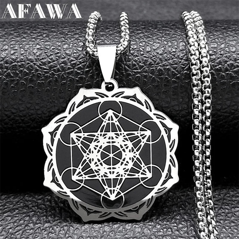 Géométrie sacrée Metatron Cube ange sceau archange collier pour femmes hommes acier inoxydable fleur de vie Lotus bijoux N7961S02