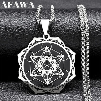 Géométrie sacrée Metatron Cube ange sceau archange collier pour femmes hommes acier inoxydable fleur de vie Lotus bijoux N7961S02
