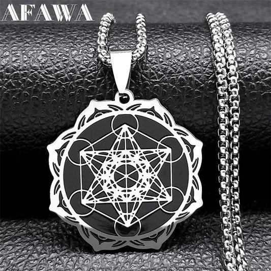 Géométrie sacrée Metatron Cube ange sceau archange collier pour femmes hommes acier inoxydable fleur de vie Lotus bijoux N7961S02