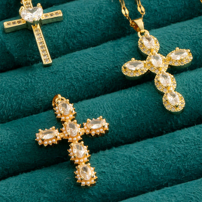Pendentif croix en zircon incrusté de 1 coquille de perle pour femmes, style sexy, collier en acier inoxydable plaqué or 18 carats