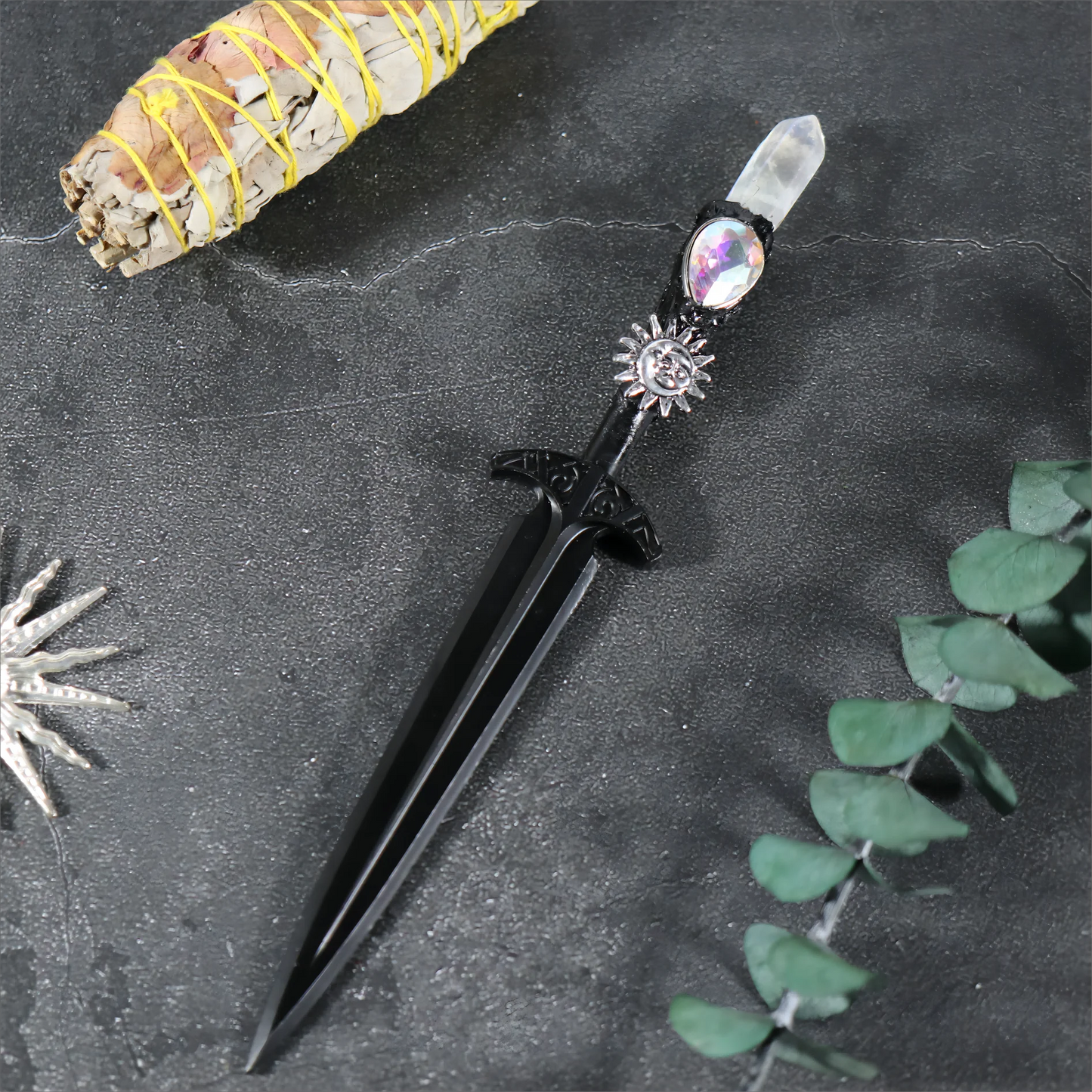 Épée en métal 88-96g, accessoires pour cheveux d'autel de sorcière en cristal, bâton de magicien, énergie païenne, Cosplay elfe gothique, baguette magique foncée, cadeaux de sorcière