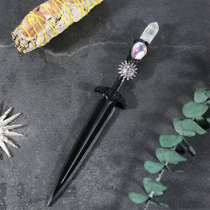 Épée en métal 88-96g, accessoires pour cheveux d'autel de sorcière en cristal, bâton de magicien, énergie païenne, Cosplay elfe gothique, baguette magique foncée, cadeaux de sorcière