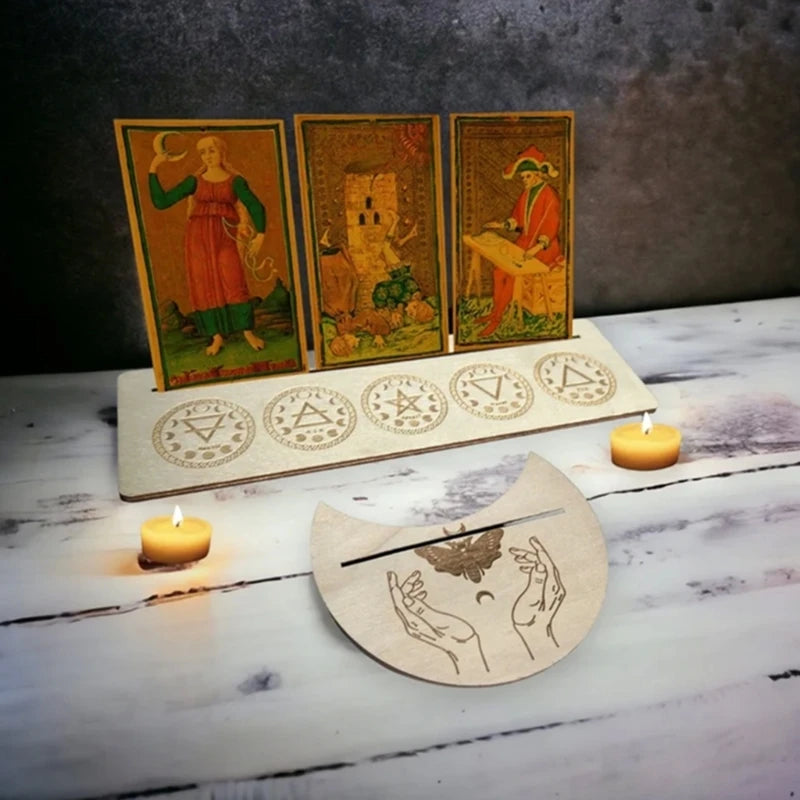 Présentoir de Cartes de Tarot en Bois, Support de Sorcière, Fournitures d'Outils de Décoration, Impression de Lune, Rangement de Cartes, Organiser T1, 2 Pièces/Ensemble