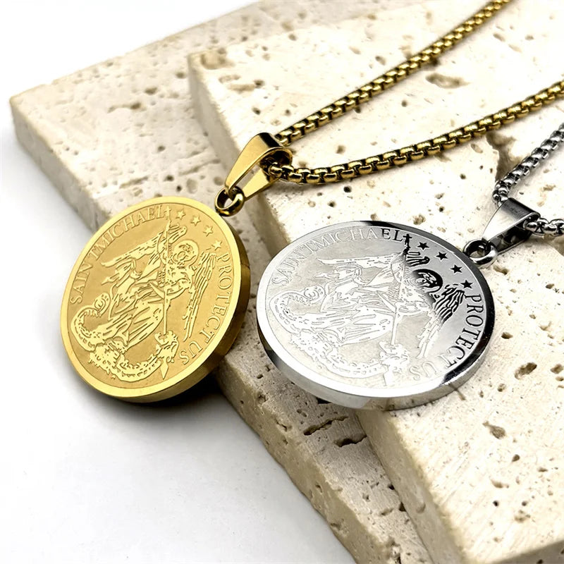 Colliers avec pendentifs Saint Michael pour femmes et hommes, en acier inoxydable, couleur or argent, amulette religieuse, chaîne, bijoux