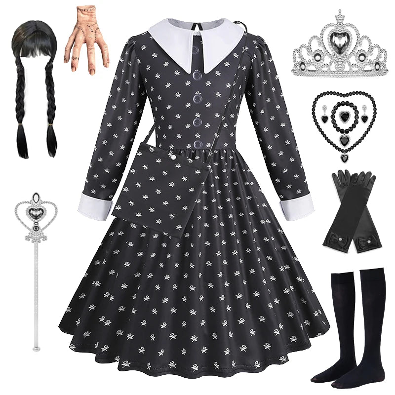 Robe de Soirée Noire pour Fille, Tenue Éducative pour Halloween, Addams, Cosplay, Gothique, Carnaval, Enfant