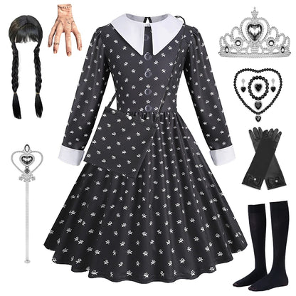 Robe de Soirée Noire pour Fille, Tenue Éducative pour Halloween, Addams, Cosplay, Gothique, Carnaval, Enfant
