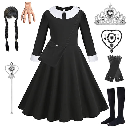 Robe de Soirée Noire pour Fille, Tenue Éducative pour Halloween, Addams, Cosplay, Gothique, Carnaval, Enfant