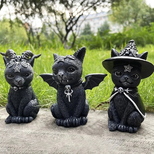 Figurine décorative d'halloween, Sculpture de chat sorcière de jardin, Statue de chaton gothique, chat magique noir, hibou, ornement de magicien, Miniature mignonne