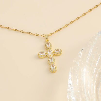 Pendentif croix en zircon incrusté de 1 coquille de perle pour femmes, style sexy, collier en acier inoxydable plaqué or 18 carats