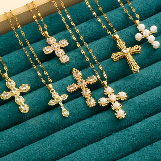 Pendentif croix en zircon incrusté de 1 coquille de perle pour femmes, style sexy, collier en acier inoxydable plaqué or 18 carats