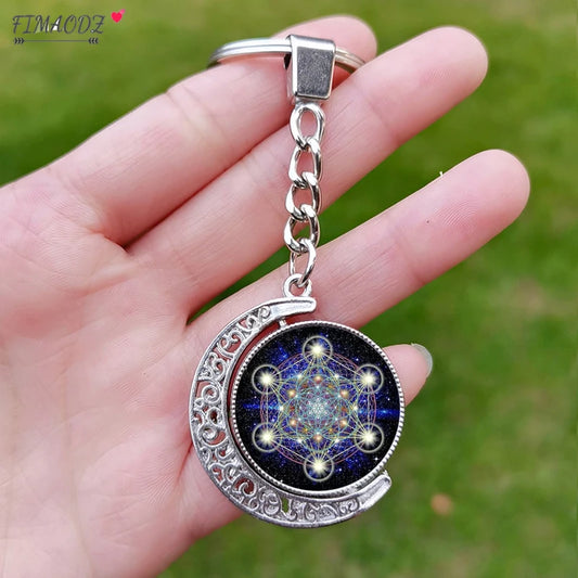 Metatron Cube pendentif porte-clés géométrie sacrée Sri Yantra vie fleur verre rotatif Vintage porte-clés spirituel porte-clés cadeau