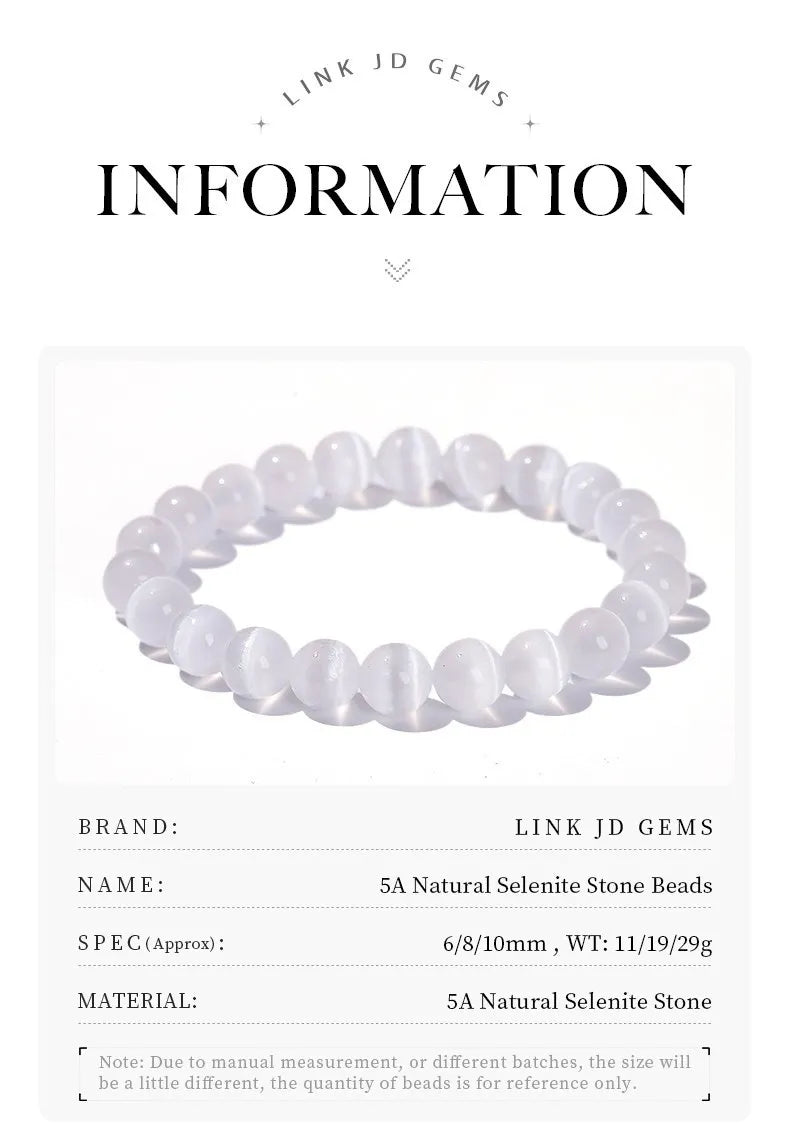 JD – Bracelet de perles en pierre de sélénite blanche naturelle pour hommes et femmes, 100% véritable pierre ronde en gypse, extensible, 6, 8, 10mm, cadeau de Yoga minéral