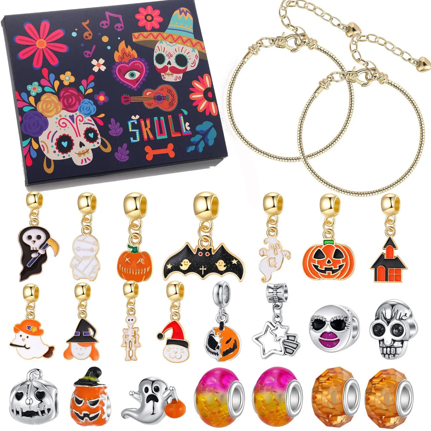 Calendrier de l'avent d'halloween 24 jours, coffret cadeau crâne citrouille, breloques à assembler soi-même, Bracelet de perles, calendrier Surprise de compte à rebours d'halloween, cadeau