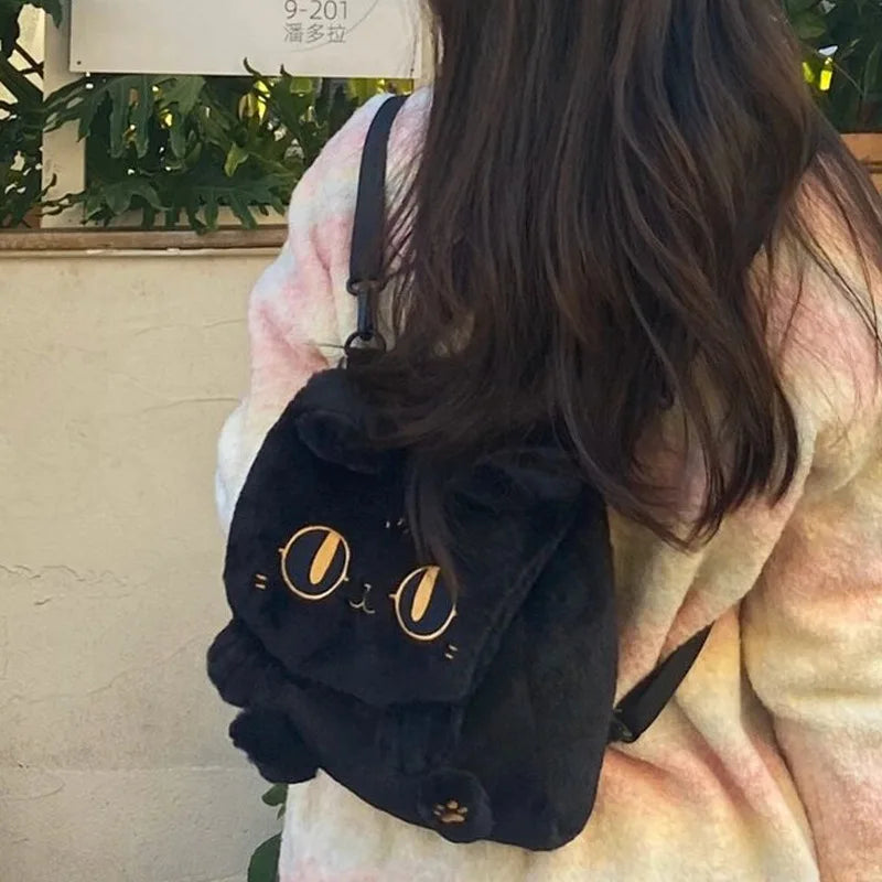 Sac à dos en peluche petit chat noir pour femmes, mignon dessin animé, sac à bandoulière multifonctionnel pour étudiantes, nouvelle collection 2024