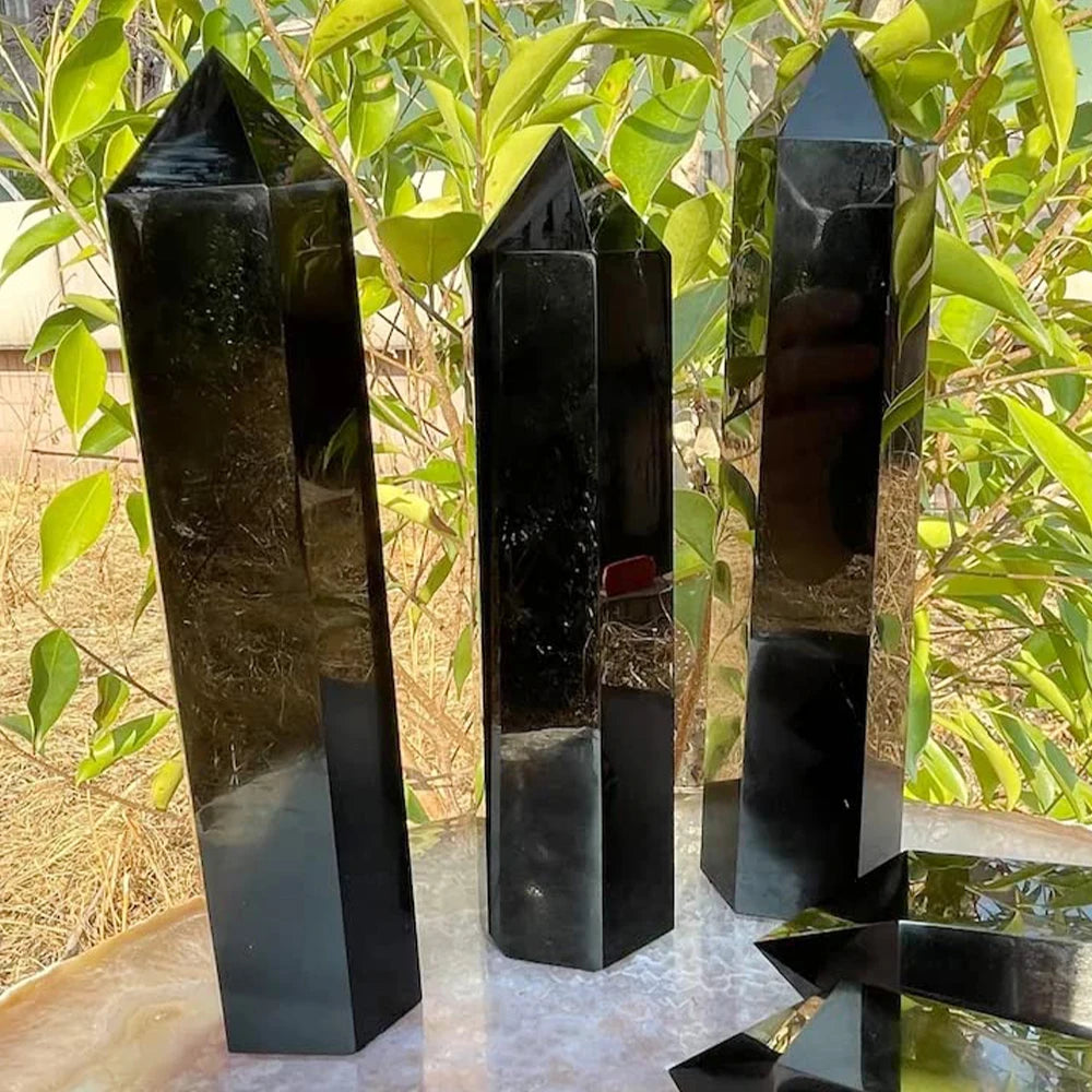 Prisme Hexagonal en obsidienne naturelle de 15cm, cristal blanc, pierre de fusion, tour de baguette, artisanat de décoration pour la maison
