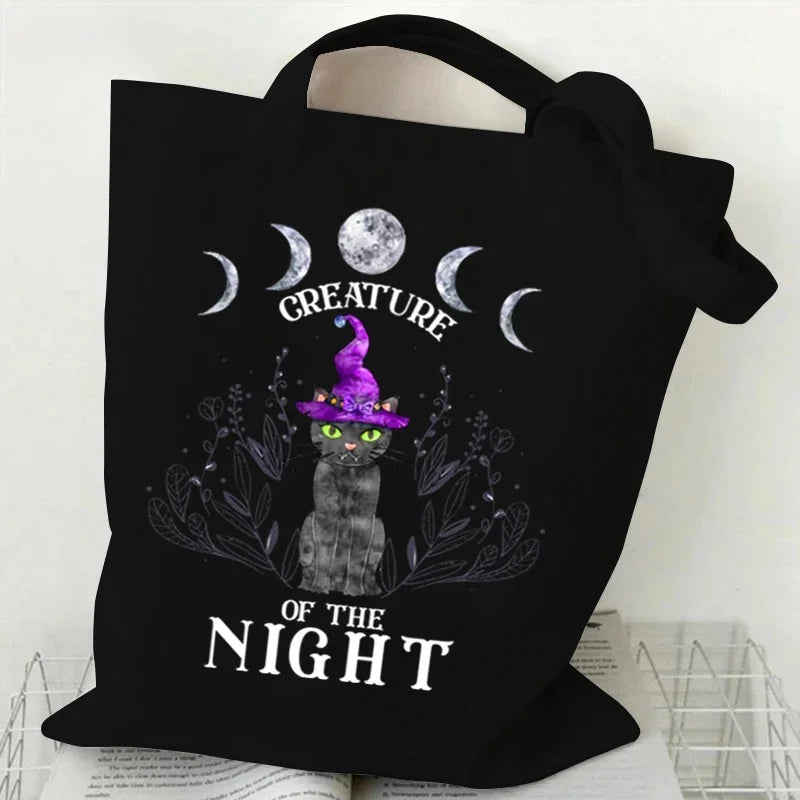 Sac fourre-tout écologique pour chat sorcière d'halloween, sac de shopping gothique chat noir, cadeau de saison effrayant, sac à main imprimé Animal drôle pour femmes