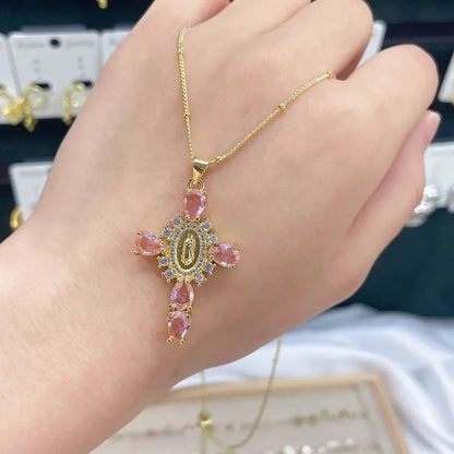 MHS.SUN luxe vierge Guadalupe Mary croix pendentif collier pour femmes hommes exquis Zircon catholique religieux amulette bijoux