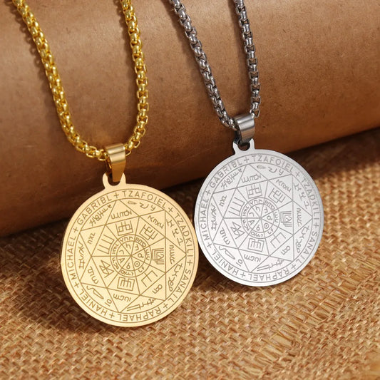 Collier en acier inoxydable pour hommes, amulette spirituelle, sceau des 7 archanges, Michael, bijoux de déclaration