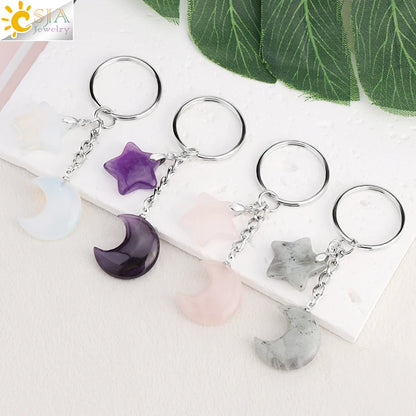 Porte-clés en pierre naturelle Healing, breloque étoile ChimMoon, pendentif en perle, porte-documents en argent, porte-clés, porte-clés de voiture, décoration de sac, porte clés pierres de protection lune