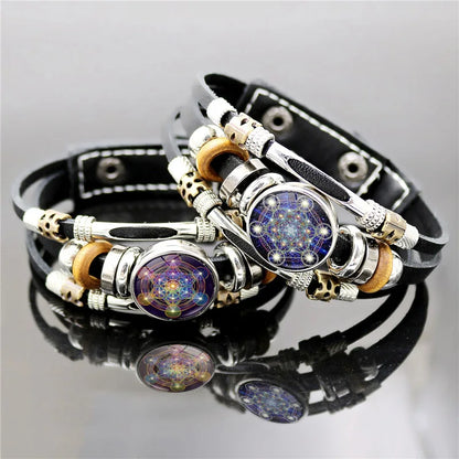 Bracelet Vintage mystérieux Cube Metatron, géométrie sacrée, fleur de vie, bouton-pression, multicouche, Punk, en cuir, vente en gros