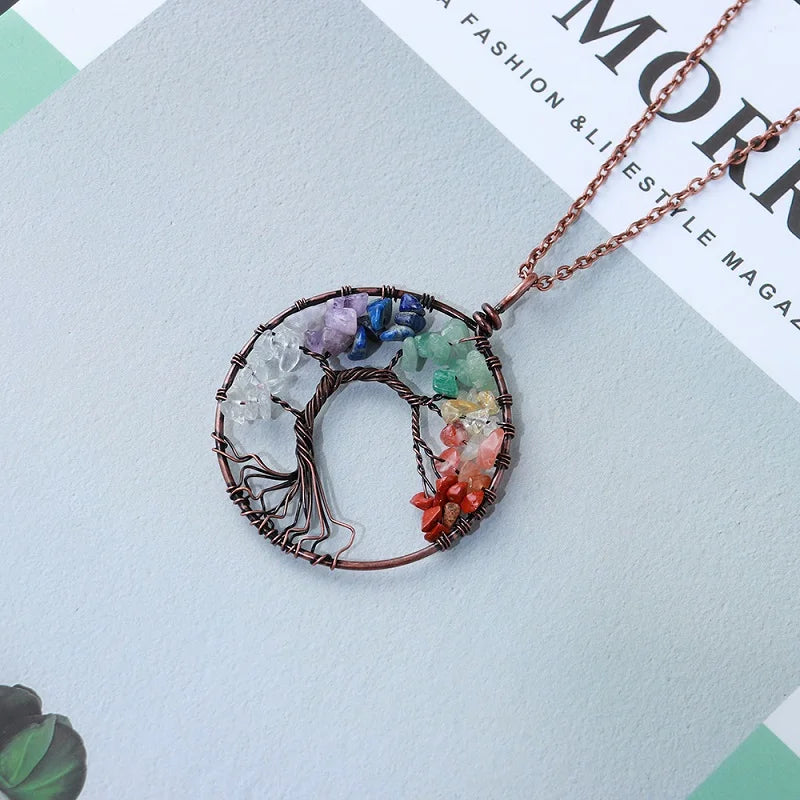Collier pendentif arbre de vie en pierre de cristal naturel, 7 chakras, Quartz, améthyste, bijoux de mariage pour femmes