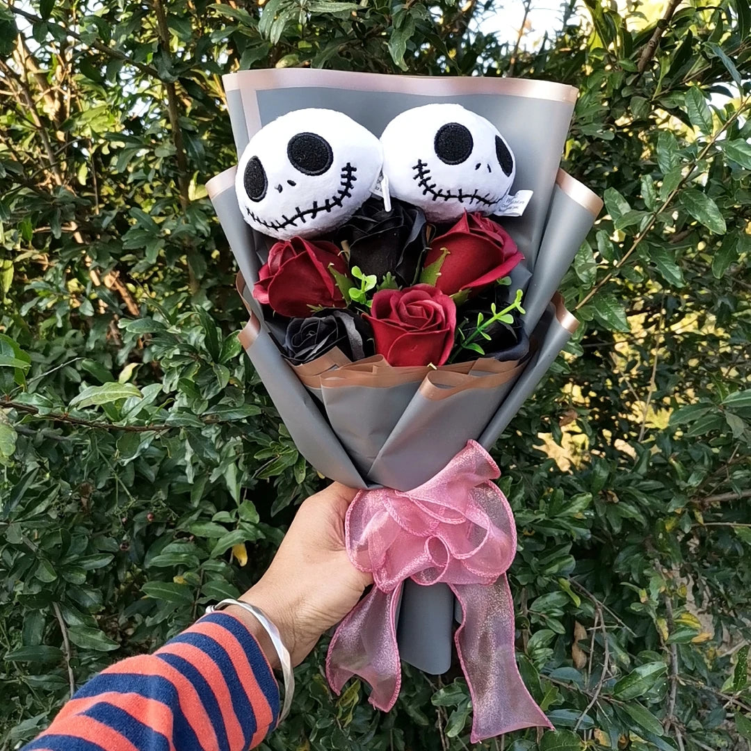 Bouquet en peluche Jack Skellington pour Halloween, jouets avec savon, Rose, fleur, crâne de terreur, fantôme, cadeaux de noël/saint-valentin