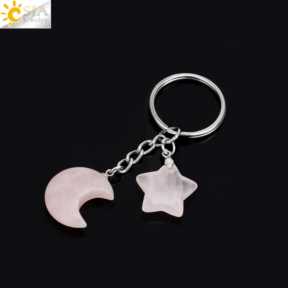 Porte-clés en pierre naturelle Healing, breloque étoile ChimMoon, pendentif en perle, porte-documents en argent, porte-clés, porte-clés de voiture, décoration de sac, porte clés pierres de protection lune