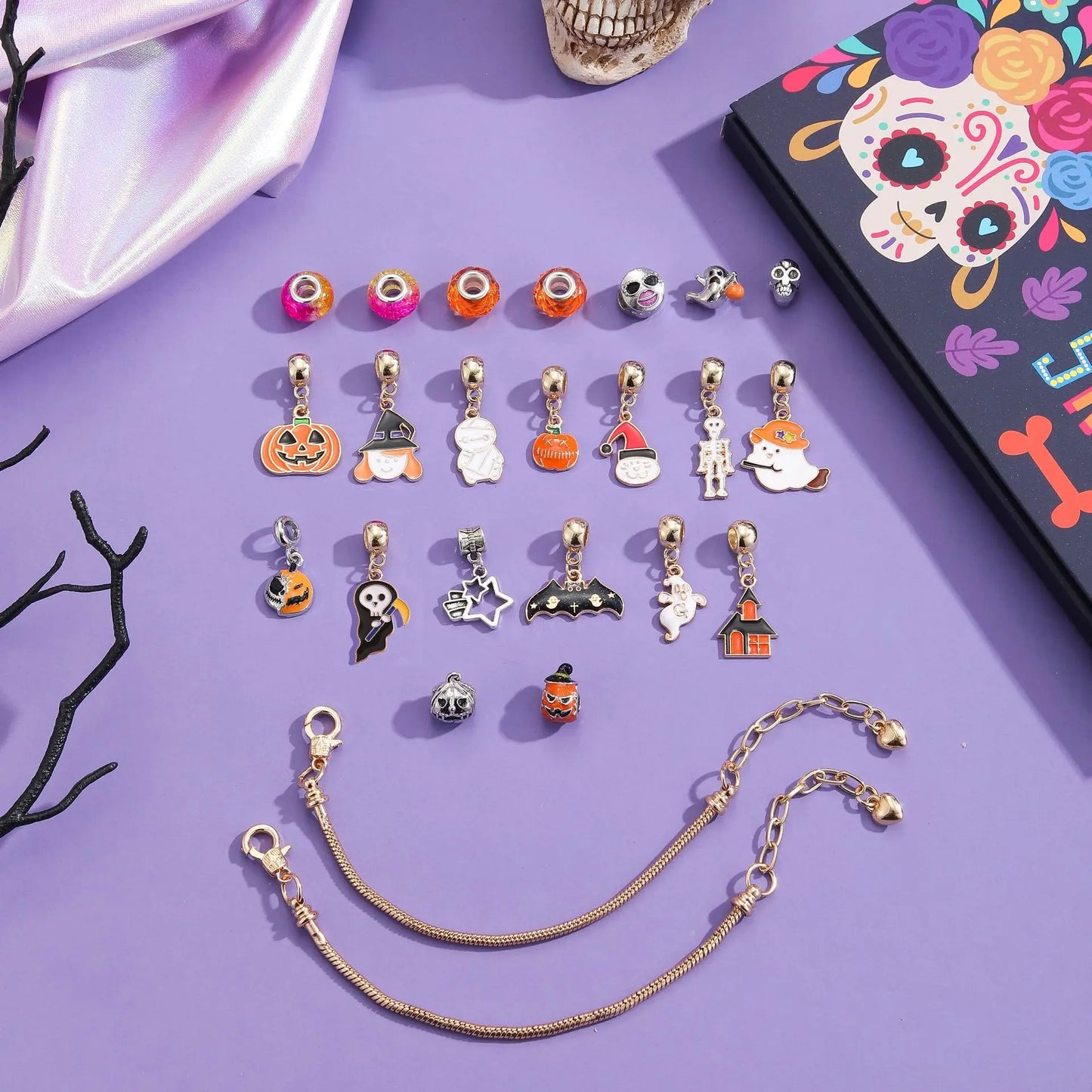 Calendrier de l'avent d'halloween 24 jours, coffret cadeau crâne citrouille, breloques à assembler soi-même, Bracelet de perles, calendrier Surprise de compte à rebours d'halloween, cadeau