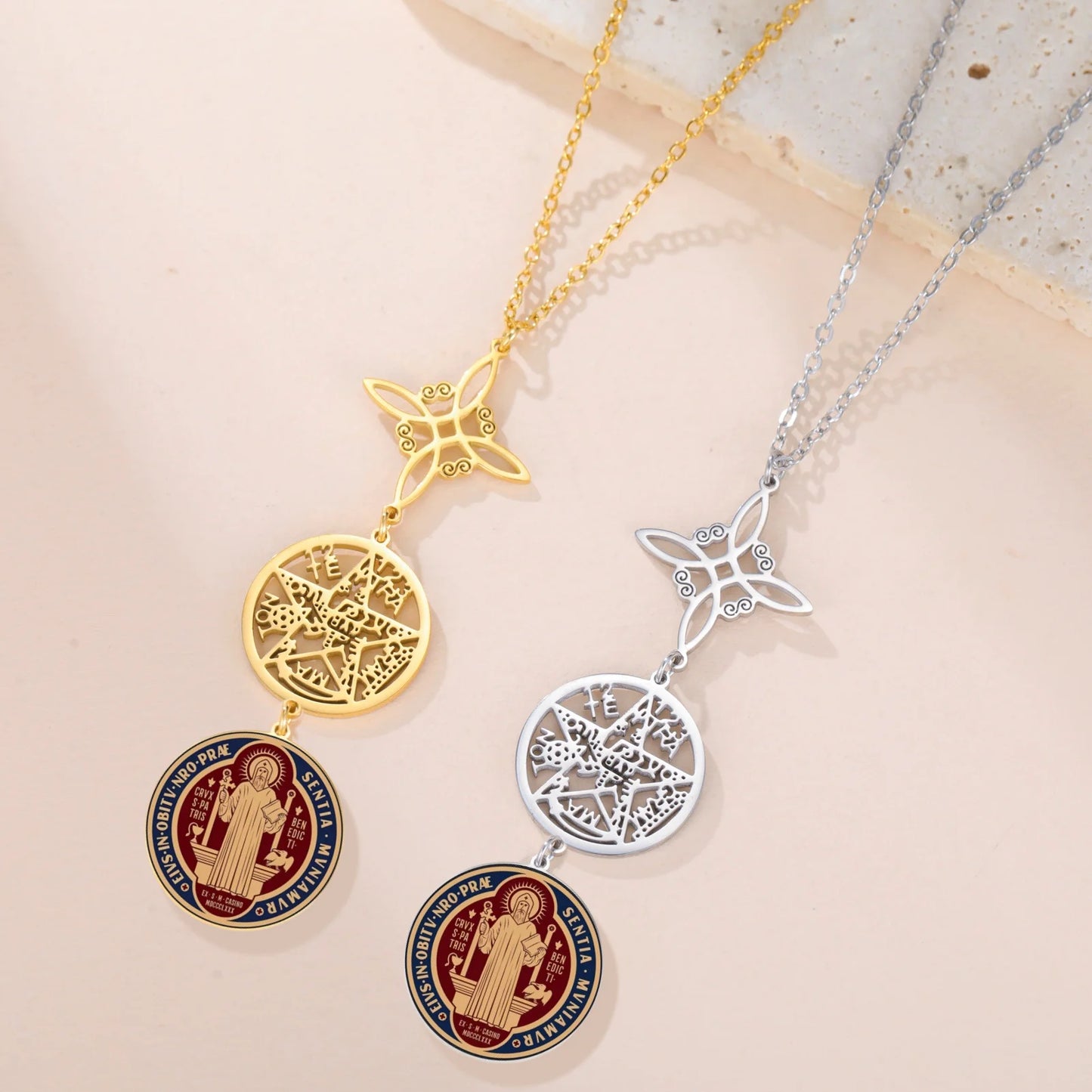 Jeshayuan médaille de Saint benoît avec collier tétragrammaton pendentif pentagramme collier Original noeud de sorcières