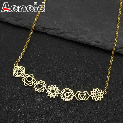 Collier pendentif Yoga 7 Chakra fleur de naissance pour femmes et filles, en acier inoxydable, couleur or, amulette Reiki, bijoux, cadeau de fête des mères