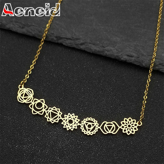 Collier pendentif Yoga 7 Chakra fleur de naissance pour femmes et filles, en acier inoxydable, couleur or, amulette Reiki, bijoux, cadeau de fête des mères