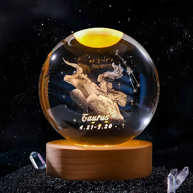 Décoration artisanale en verre 3D, 12 Constellations, boule de cristal gravée au Laser, système solaire d'anniversaire, cadeau, Base en bois, décor de bureau pour la maison