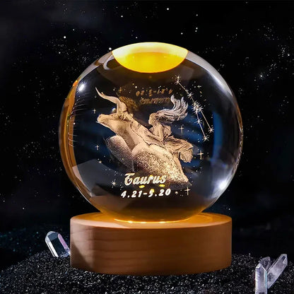 Décoration artisanale en verre 3D, 12 Constellations, boule de cristal gravée au Laser, système solaire d'anniversaire, cadeau, Base en bois, décor de bureau pour la maison