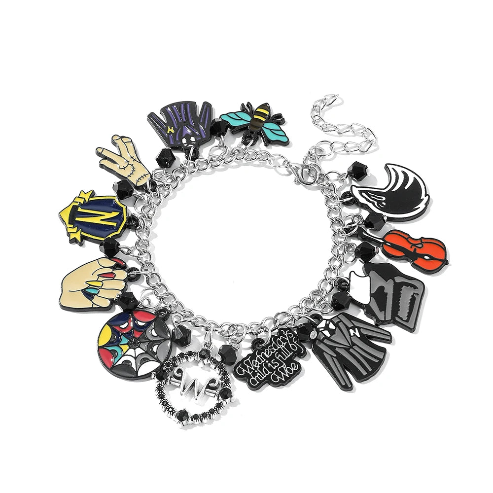 Bracelet de film d'horreur Addams pour femmes et hommes, bracelet de bricolage, uniforme scolaire gothique, breloques d'emblème, accessoires de bijoux, cadeau de mercredi