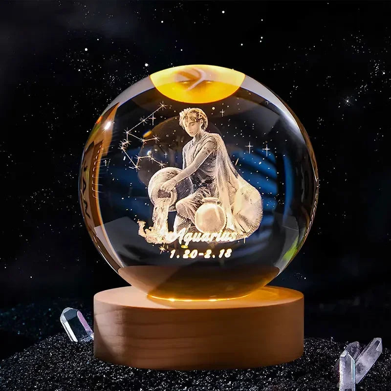 Décoration artisanale en verre 3D, 12 Constellations, boule de cristal gravée au Laser, système solaire d'anniversaire, cadeau, Base en bois, décor de bureau pour la maison
