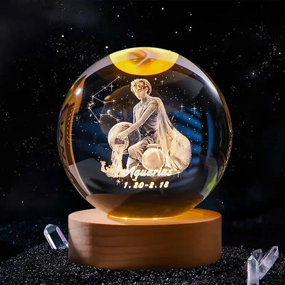Décoration artisanale en verre 3D, 12 Constellations, boule de cristal gravée au Laser, système solaire d'anniversaire, cadeau, Base en bois, décor de bureau pour la maison