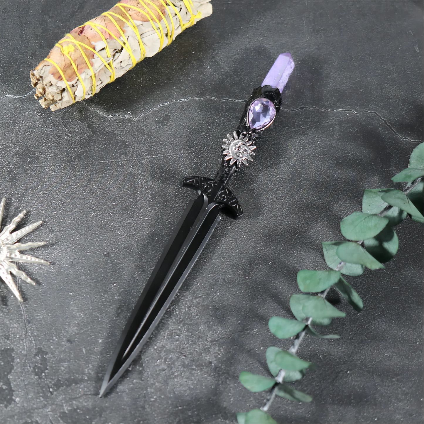 Épée en métal 88-96g, accessoires pour cheveux d'autel de sorcière en cristal, bâton de magicien, énergie païenne, Cosplay elfe gothique, baguette magique foncée, cadeaux de sorcière