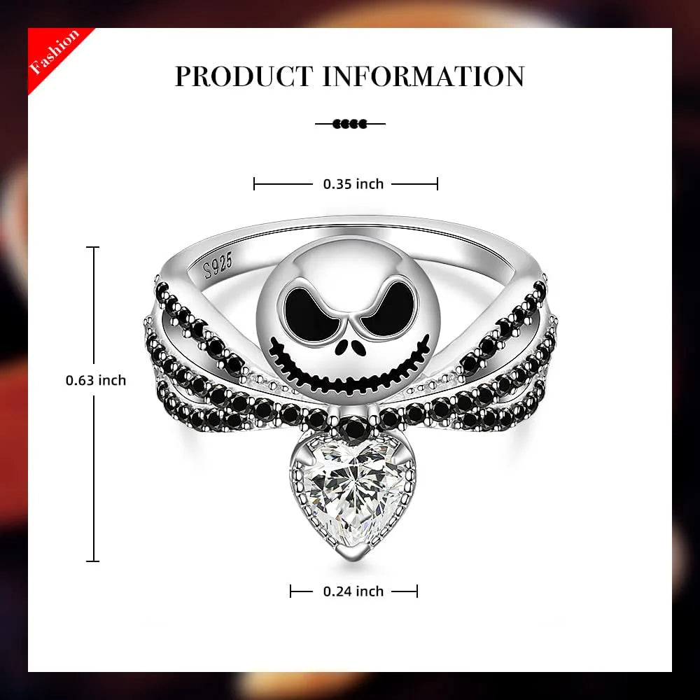 Bague tête de mort du film Disney, le cauchemar avant noël, Jack, cristal émail noir, breloques, bijoux d'halloween, cadeaux pour femmes