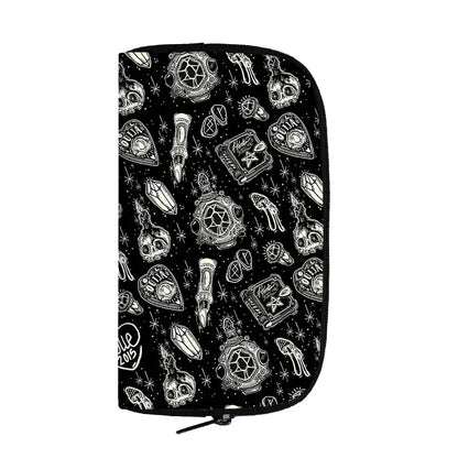 Portefeuille long de sorcière chat noir mignon pour hommes et femmes, sac à main gothique, sac à passeport, porte-monnaie pour téléphone, crâne de sorcellerie, filles