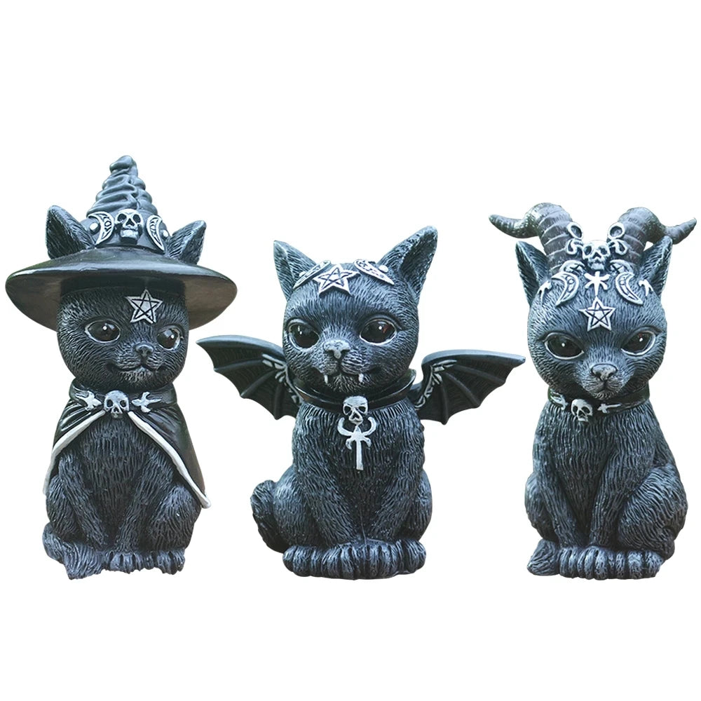 Figurine décorative d'halloween, Sculpture de chat sorcière de jardin, Statue de chaton gothique, chat magique noir, hibou, ornement de magicien, Miniature mignonne
