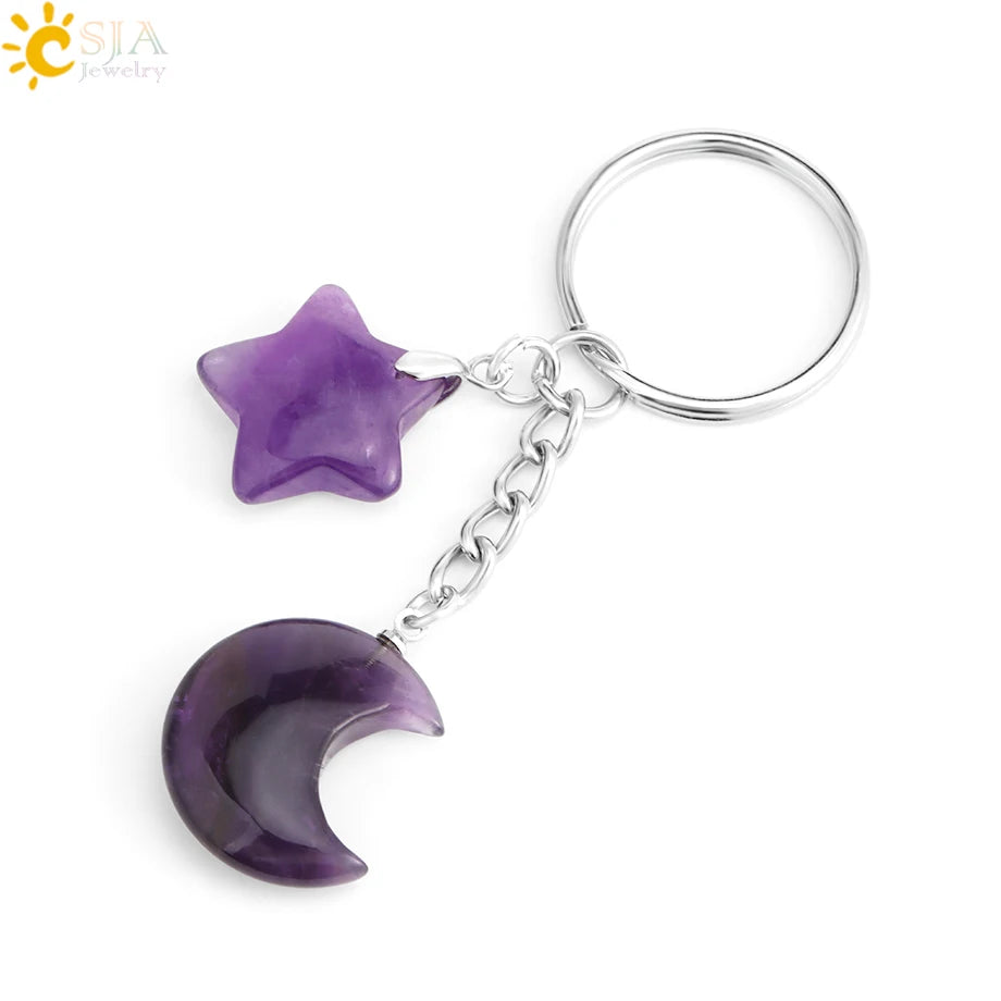 Porte-clés en pierre naturelle Healing, breloque étoile ChimMoon, pendentif en perle, porte-documents en argent, porte-clés, porte-clés de voiture, décoration de sac, porte clés pierres de protection lune