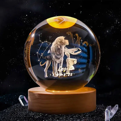 Décoration artisanale en verre 3D, 12 Constellations, boule de cristal gravée au Laser, système solaire d'anniversaire, cadeau, Base en bois, décor de bureau pour la maison