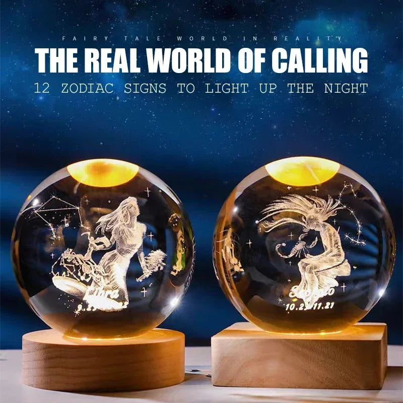 Décoration artisanale en verre 3D, 12 Constellations, boule de cristal gravée au Laser, système solaire d'anniversaire, cadeau, Base en bois, décor de bureau pour la maison