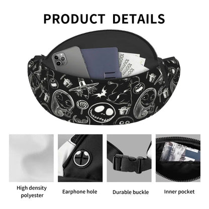 Sac Banane Personnalisé L'Étrange Noël de Monsieur Jack, Sacoche à Bandoulière pour Voyage, Randonnée, Téléphone, Poudres d'Argent