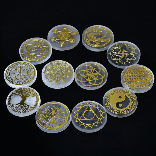 Plaque circulaire en sélénite naturelle, cristal de guérison, charge de Chakras minérales, dalle de gypse, spécimen de minéraux, décoration de maison, cadeau, 1 pièce