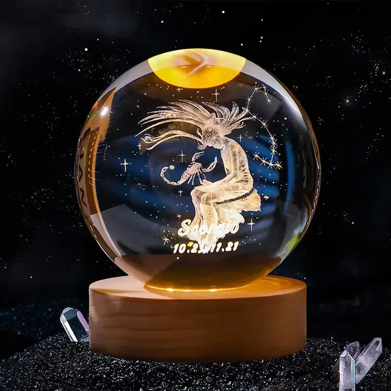 Décoration artisanale en verre 3D, 12 Constellations, boule de cristal gravée au Laser, système solaire d'anniversaire, cadeau, Base en bois, décor de bureau pour la maison