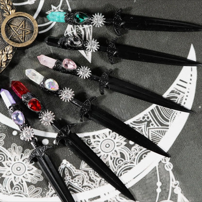 Épée en métal 88-96g, accessoires pour cheveux d'autel de sorcière en cristal, bâton de magicien, énergie païenne, Cosplay elfe gothique, baguette magique foncée, cadeaux de sorcière