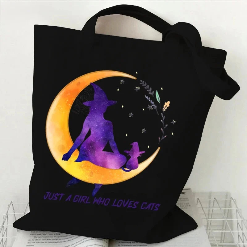 Sac fourre-tout écologique pour chat sorcière d'halloween, sac de shopping gothique chat noir, cadeau de saison effrayant, sac à main imprimé Animal drôle pour femmes