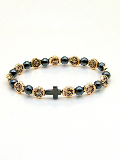VILLWICE Bracelet chapelet catholique médaille de saint benoît croix Bracelets de prière perles d'hématite Religion bijoux accessoires